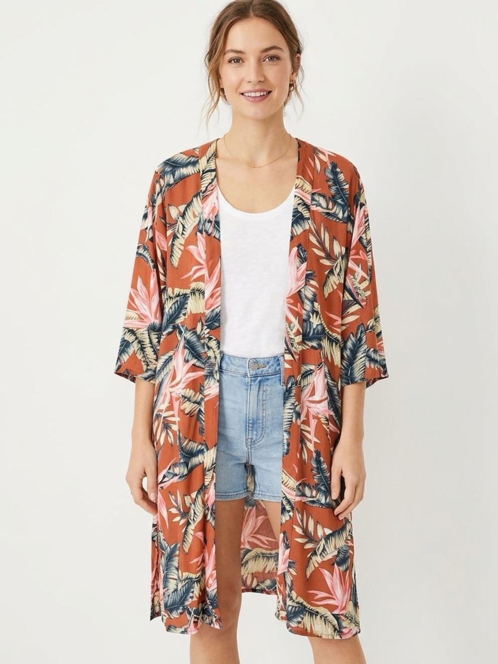 LOFT Tropical Palm Leaf Duster Kimono Rust Terracotta XS/S
